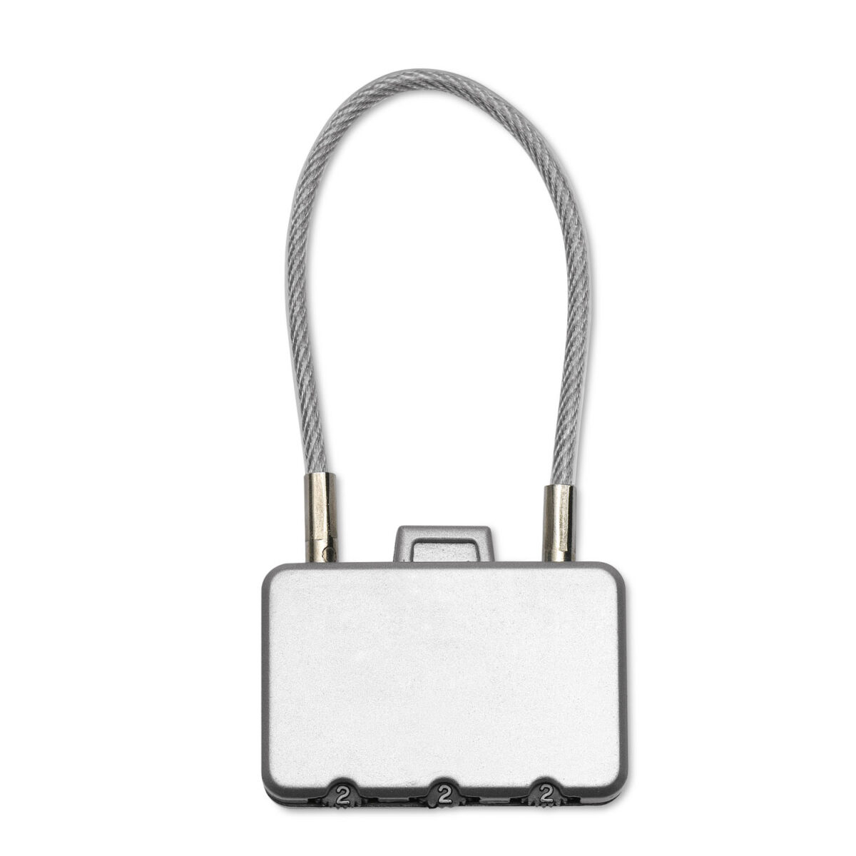 cadenas à code personnalisé Cadenas de valise en <b>métal</b> avec <b>combinaison à 3 chiffres</b>, dimensions <b>8,5 x 4 x 0,9 cm</b> pour un poids de <b>0,04 kg</b>, idéal pour <b>sécuriser les bagages</b>, personnalisable en <b>gravure laser</b>, <b>sérigraphie 1 ou 2 couleurs</b> et <b>tampographie 1 ou 2 couleurs</b>, avec <b>zones de marquage dédiées</b> ou proposé <b>sans personnalisation</b>.