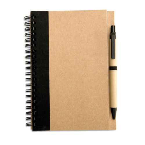 Carnet spirale papier recyclé + stylo assorti