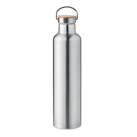 Gourde isotherme 1L personnalisable : acier inox double paroi avec couvercle bambou