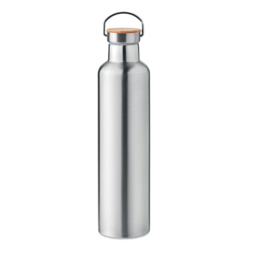 Gourde isotherme 1L personnalisable : acier inox double paroi avec couvercle bambou