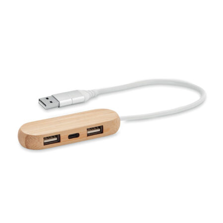Hub USB 3 ports bambou avec câble 2-en-1
