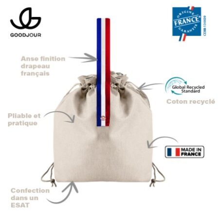 Sac pochon coton recyclé anse Bleu/Blanc/Rouge | Fabriqué en France | Certifié Origine France Garantie – vue 2