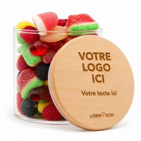 Bocal bonbons français personnalisé – verre & bois, 400g