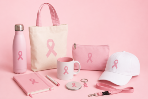 Sélection de goodies roses et blancs pour Octobre Rose sur fond studio rose pâle