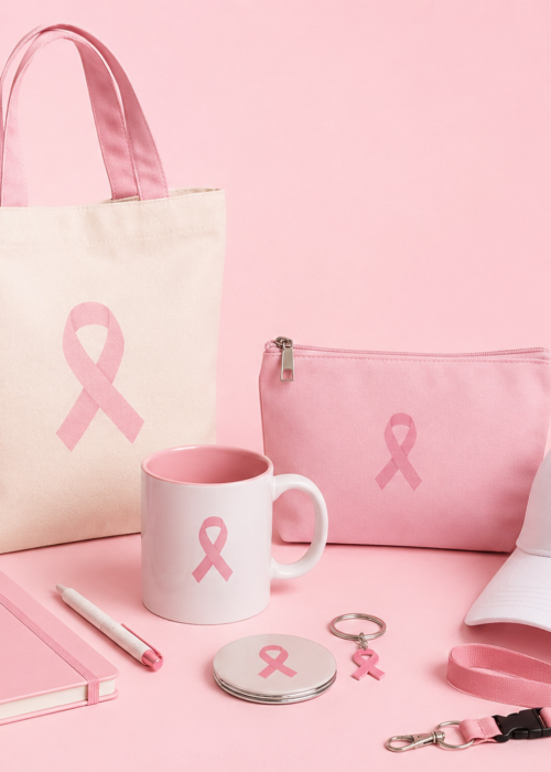 Sélection de goodies roses et blancs pour Octobre Rose sur fond studio rose pâle