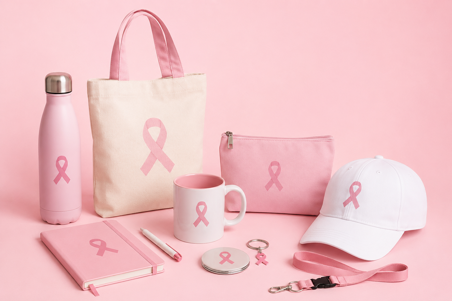 Sélection de goodies roses et blancs pour Octobre Rose sur fond studio rose pâle